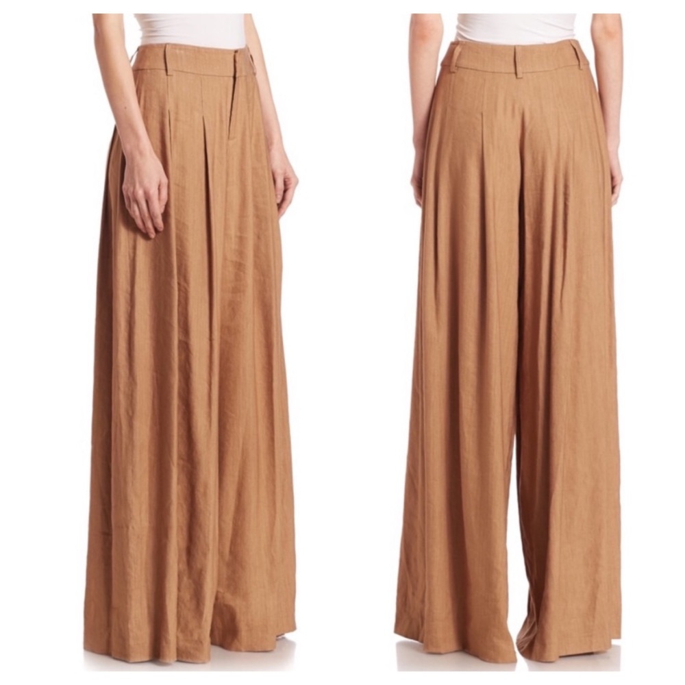 Alice + Olivia Scarlet High Waist Pleated Wide Leg Linen Trouser In Camel Size 8